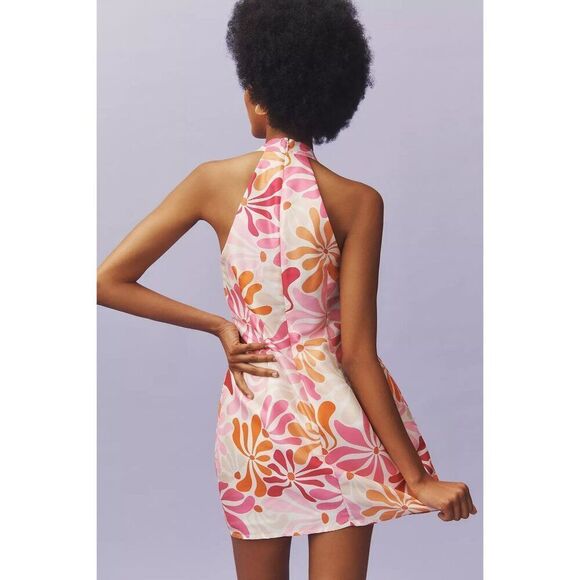 NEW Anthropologie Hutch Jones Halter Mini Dress Sz Large Pink Floral - Picture 3 of 10